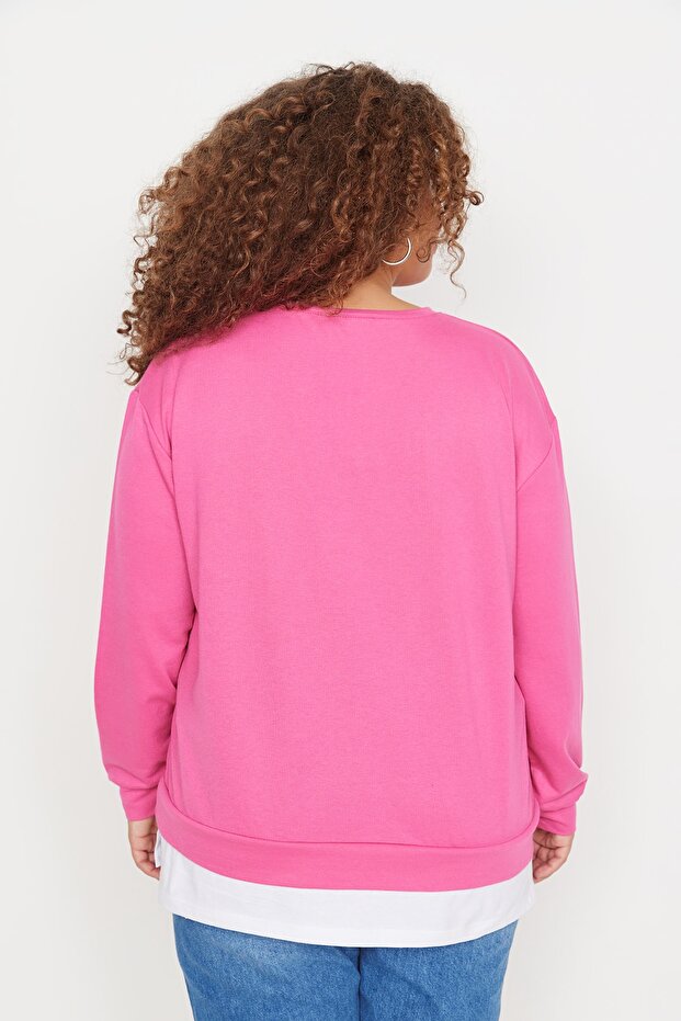 Fuşya Alttan T-Shirt Çıkma Görünümlü İnce Örme Büyük Beden Sweatshirt TBBAW23AO00023 - 5