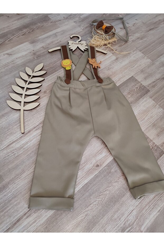 Safari Concept Lion Tiger Figured Dark Beige Brown Striped Boy's Trousers Salopette