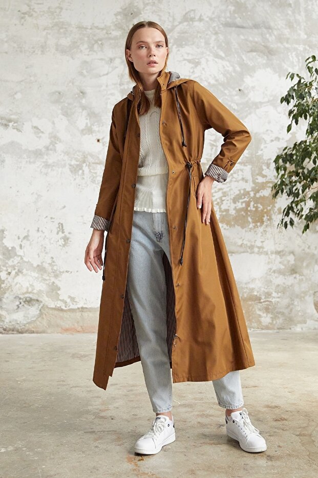Lined Stripe Pattern Trench Coat - Tan
