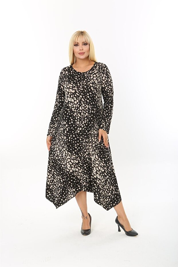 Black Pebble Patterned Women's Plus Size Long Sleeve Asymmetrical Cut Skirt Viscose Fabric Dress