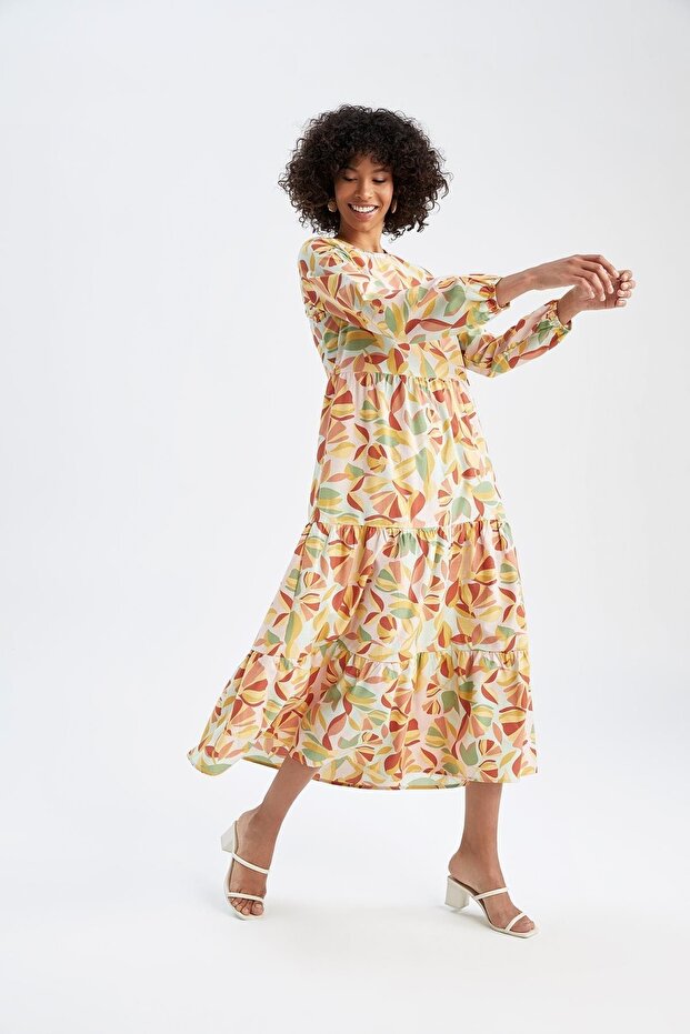 Květinové popelínové maxi šaty s dlouhým rukávem Regular Fit s výstřihem a výstřihem - 5