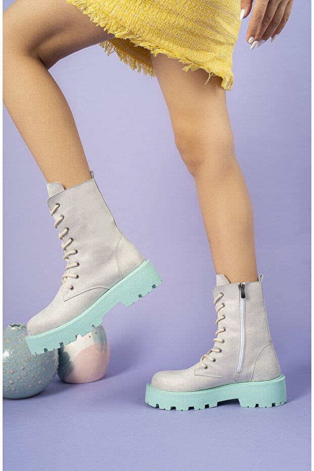 5077 Women's Lace Up Zippered Colorful Sole Boots