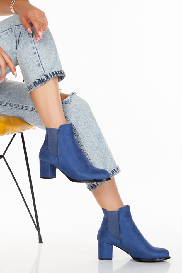 Meri Indigo Mavi Lüks Süet Lastikli Topuklu Kısa Bot Bottie - 9