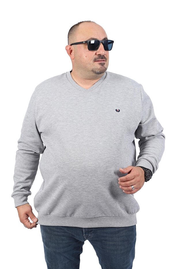 Large Size V-Neck Double Face Basic 22720-grey Melange
