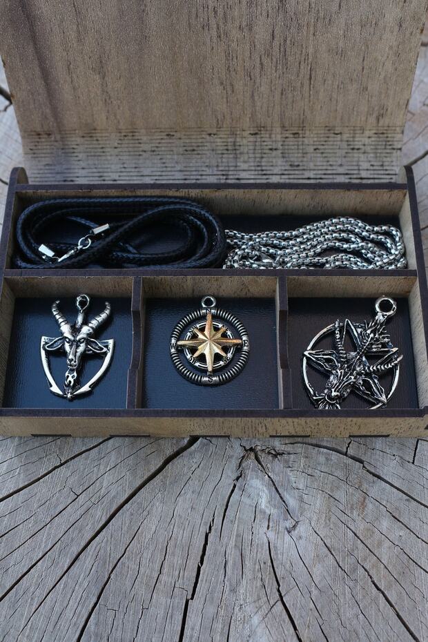 Kolye Seti Ahşap Özel Hediye Kutulu Keçi Şeytan, Kutup Pusula Ve Baphomet Pentagram Ip Ve Zincir - 1