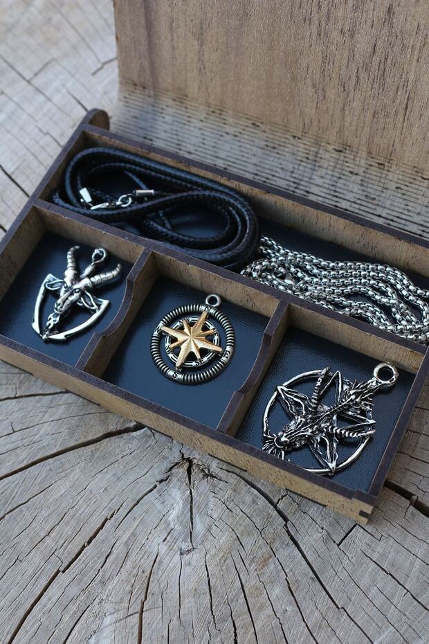 Kolye Seti Ahşap Özel Hediye Kutulu Keçi Şeytan, Kutup Pusula Ve Baphomet Pentagram Ip Ve Zincir - 5