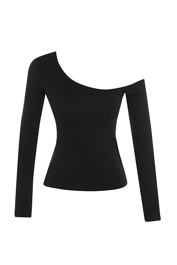 Siyah Fitted/Vücuda Oturan Omzu Açık Fitilli Pamuklu Esnek Örme Bluz TWOAW23BZ00475 - 10