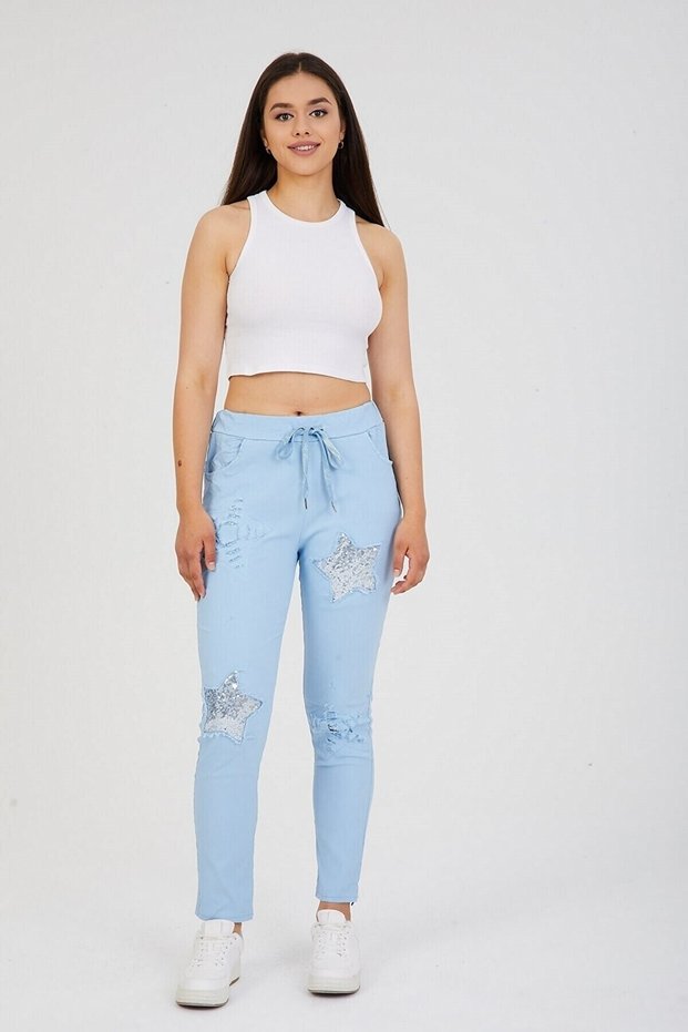 Women's Light Blue Italian Sequin Star Patch Ripped Detailed Skinny Leg Lycra Trousers