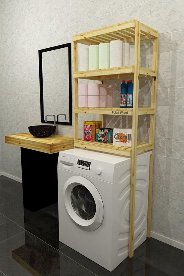 Qualıty Lıght - Çamaşır Makinesi Için Ahşap El Yapımı Ayarlanabilir Raflı Banyo Organizeri - 1