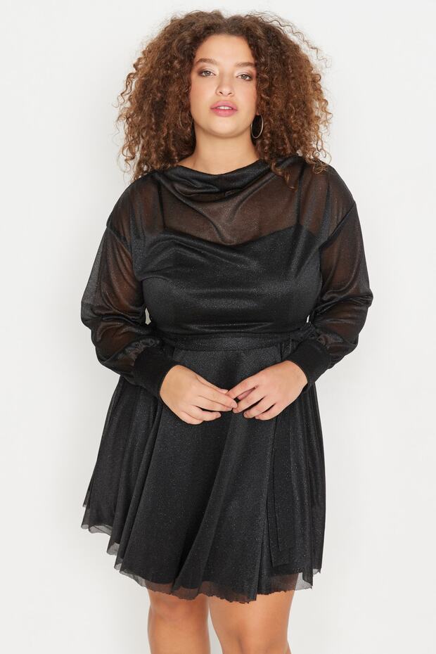 Siyah Belden Açılan/Skater Simli Mini Örme Elbise TBBAW23AH00149 - 1