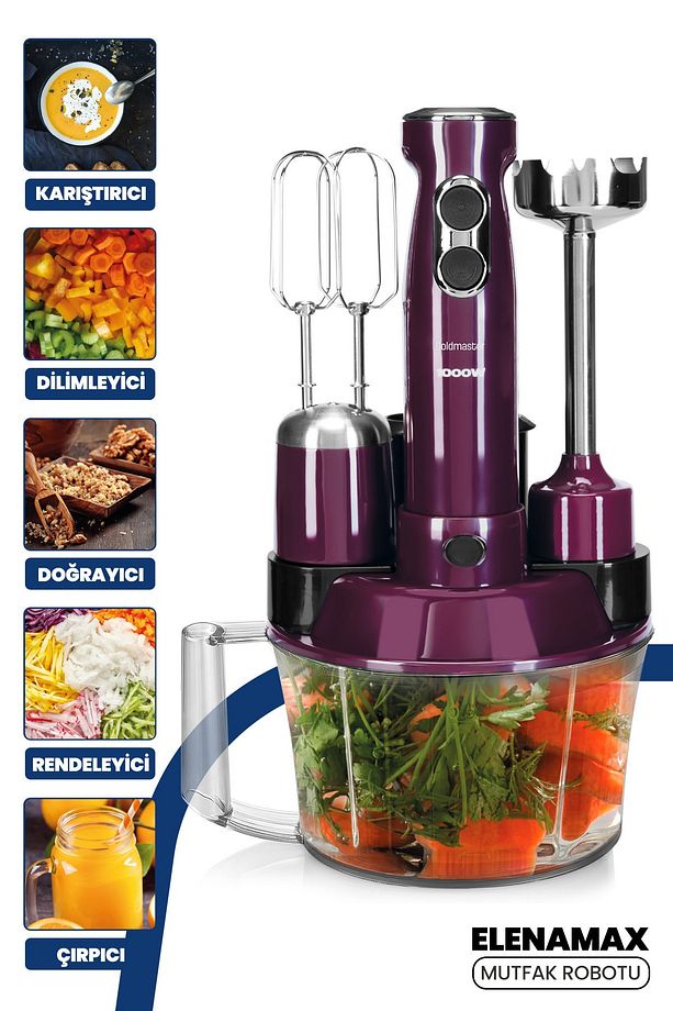 Elenamax Mor 1000 Watt Hız Ayarlı %100 Bakır Motor 5 In 1 Mutfak Robotu Multi Blender Seti - 1