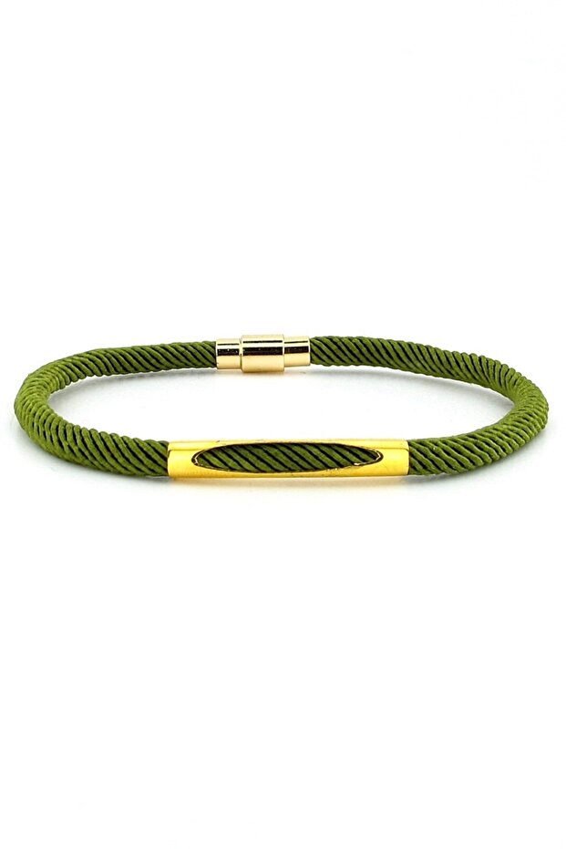 Pistachio Green Knitted Rope Yellow Metal Magnet Men's Bracelet M026k