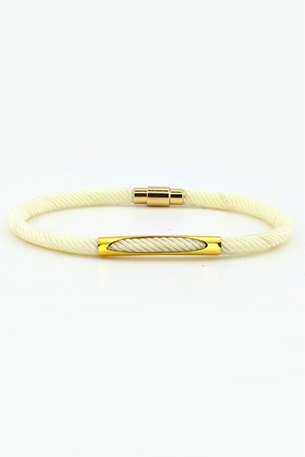 Cream Colored Knitted String Yellow Metal Magnet Men's Bracelet M026n