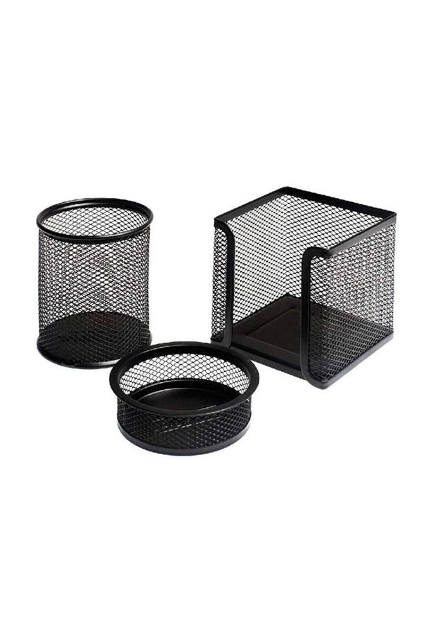 Metal 3-Piece Desk Set - Pen Holder + paper holder + paper holder - Black