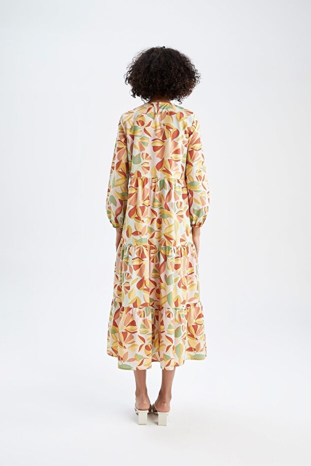 Květinové popelínové maxi šaty s dlouhým rukávem Regular Fit s výstřihem a výstřihem - 8