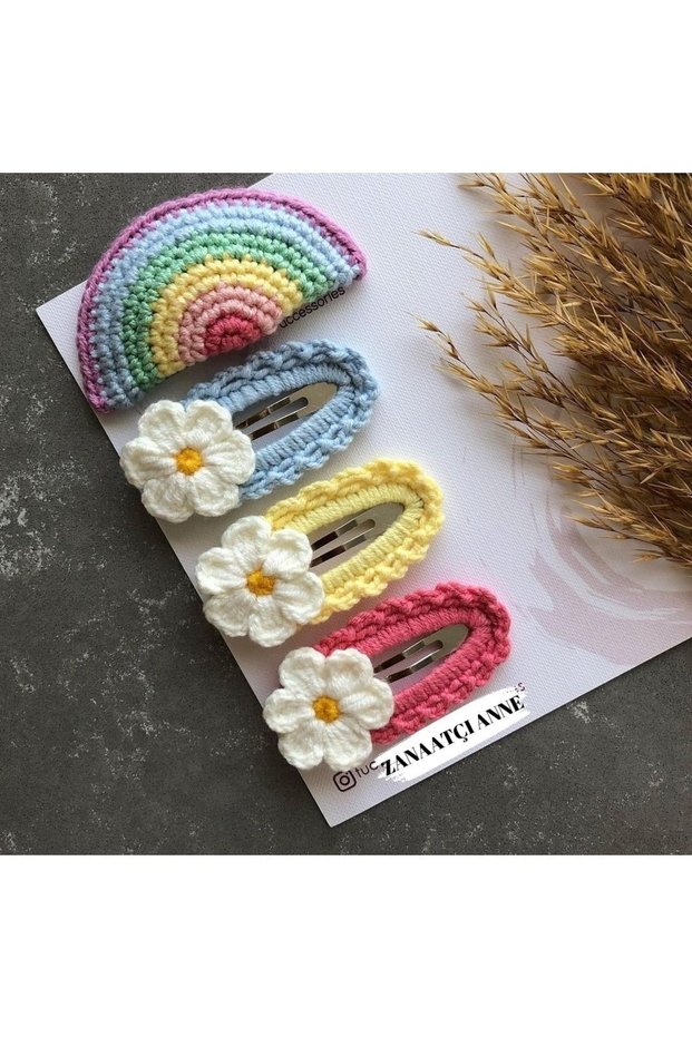 Set of 4 Amigurumi Colorful Hand Knitted 3-Piece Daisy 1 Rainbow Girl's Buckle Set