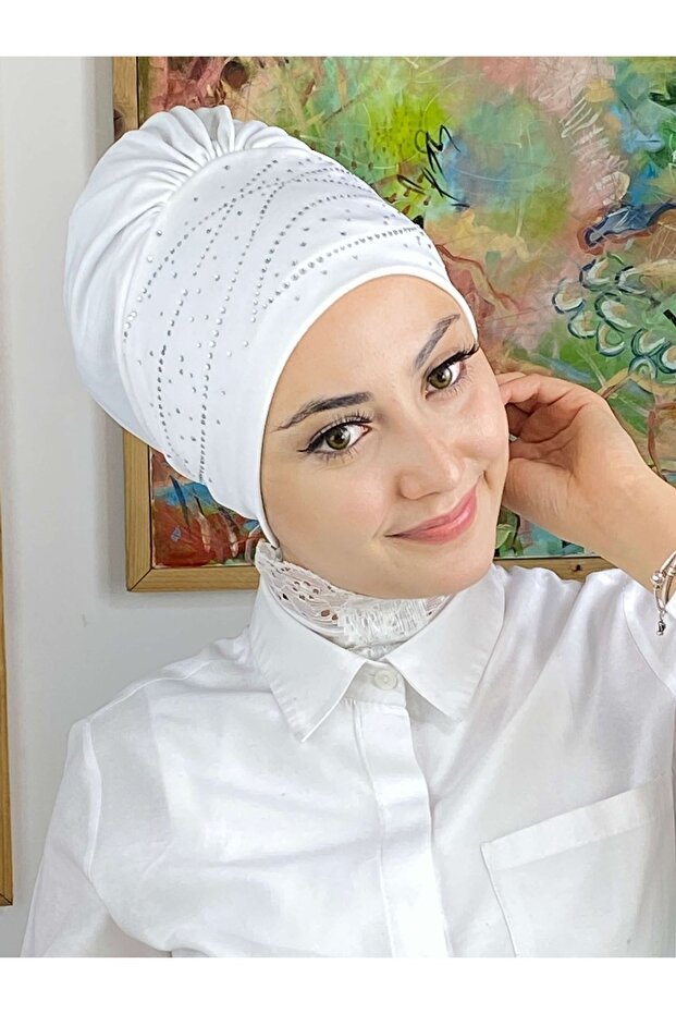 Firuze Model Taşlı Beyaz Bone