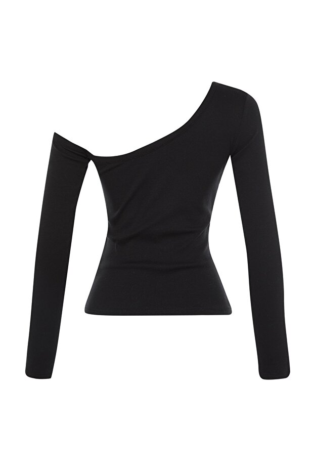 Siyah Fitted/Vücuda Oturan Omzu Açık Fitilli Pamuklu Esnek Örme Bluz TWOAW23BZ00475 - 12