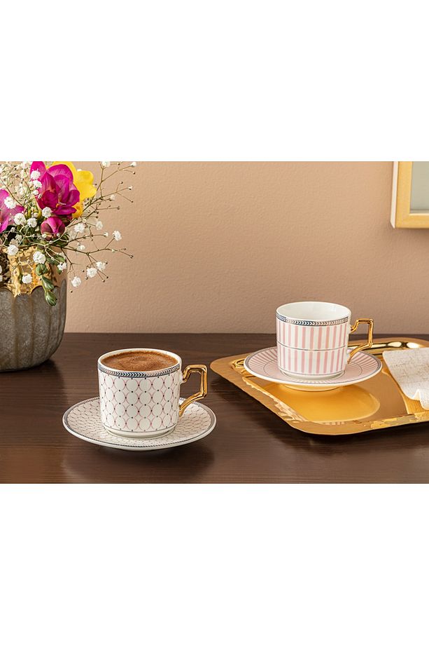 STD Rabecca Porselen 2'li Kahve Fincan Takımı 90 Ml Pembe Klasik - 1