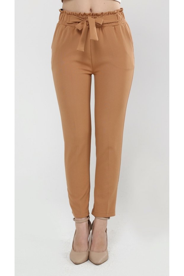 Women's Seasonal Elastic Waist Atlas Fabric Carrot Cut Brown Trousers