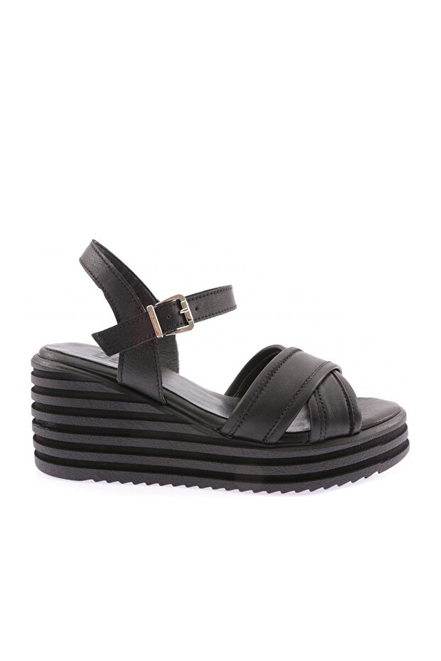 Women's Cross Strap Ankle Strap Wedge Heel Sandals Black Genuine Leather 4263