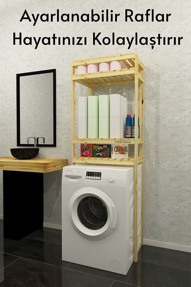 Qualıty Lıght - Çamaşır Makinesi Için Ahşap El Yapımı Ayarlanabilir Raflı Banyo Organizeri - 3