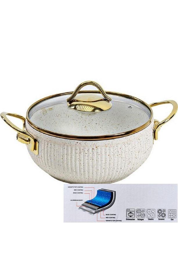 Bio Granit 7 Prç Xl Istiridye Fildişi & Gold Kulp Tencere Ve Tava Seti - 4