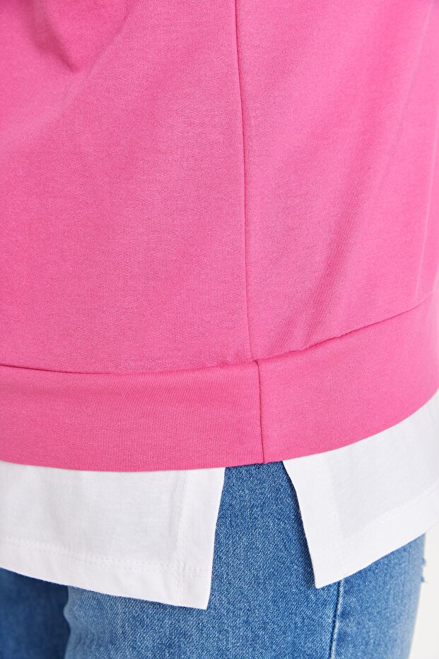 Fuşya Alttan T-Shirt Çıkma Görünümlü İnce Örme Büyük Beden Sweatshirt TBBAW23AO00023 - 3