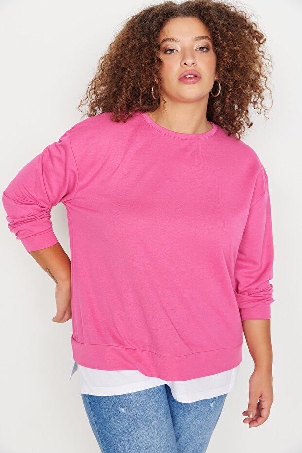 Fuşya Alttan T-Shirt Çıkma Görünümlü İnce Örme Büyük Beden Sweatshirt TBBAW23AO00023 - 4