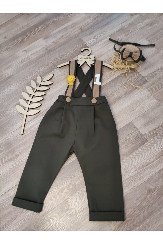 Safari Concept Birthday Outfit Khaki Camel Striped Boys Trousers Salopette