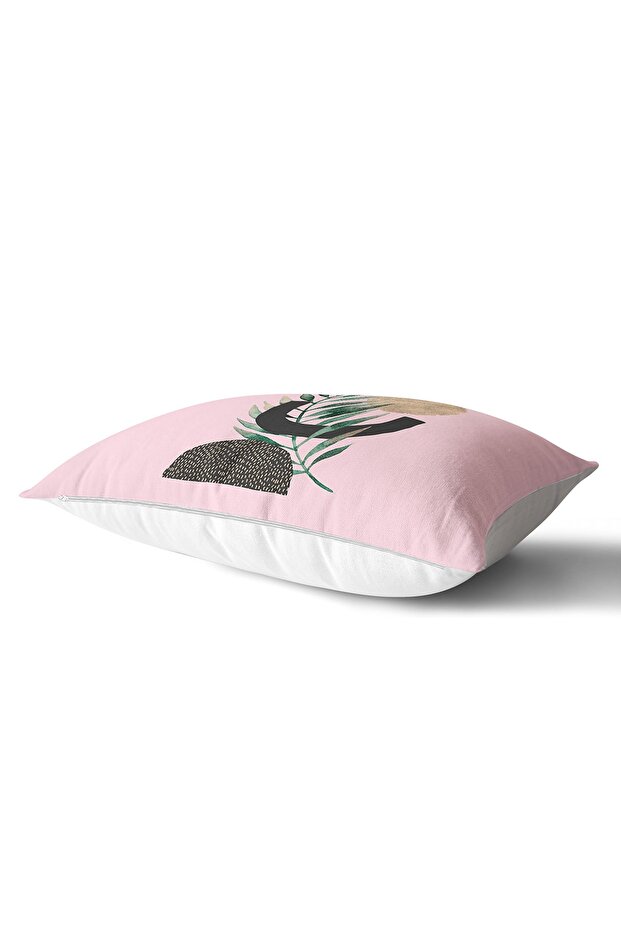 Decorative Rectangular Pillow Case with Abstract Leaf Drawing on Pink Background - 2