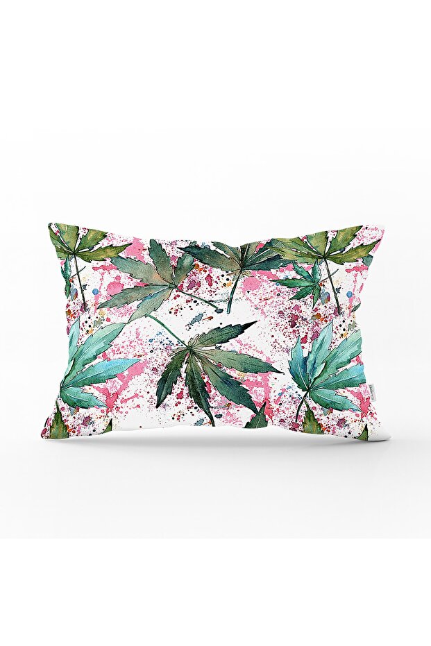 Green Leaf Patterned Rectangular Pillow Cushion Cover on White Background - 1