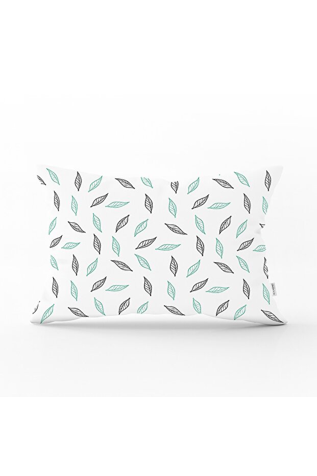White Themed Leaf Patterned Digital Printed Modern Rectangular Pillow Case - 1