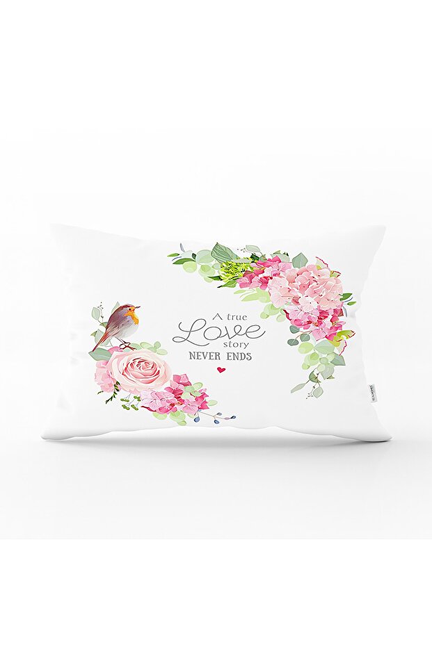 غطاء وسادة مستطيل حديث ملون بتصميم A True Love Story Never Ends مع تصميم على شكل طائر