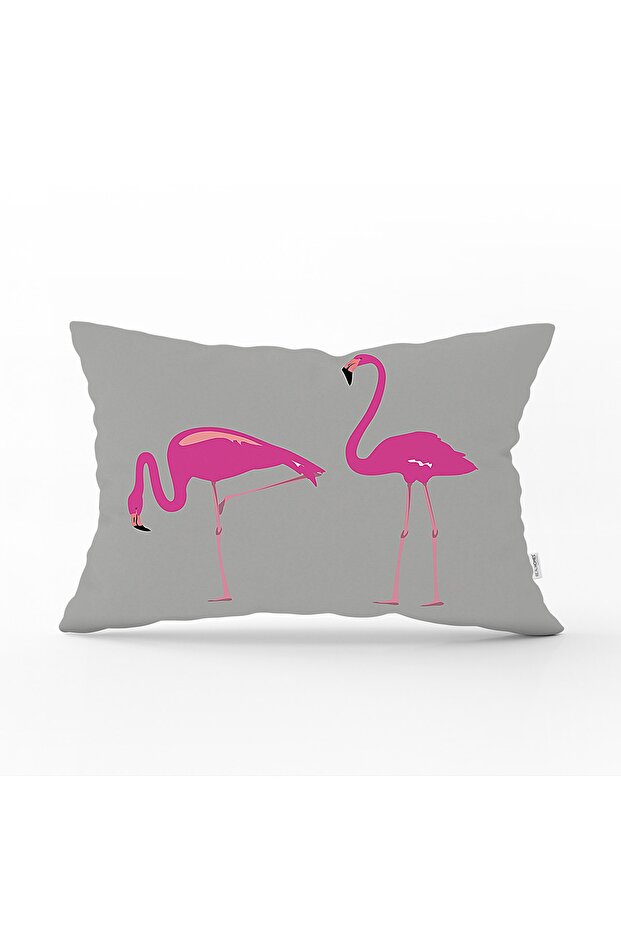 Gray Floor Flamingo Patterned Digital Rectangular Pillow Cushion Cover - 1