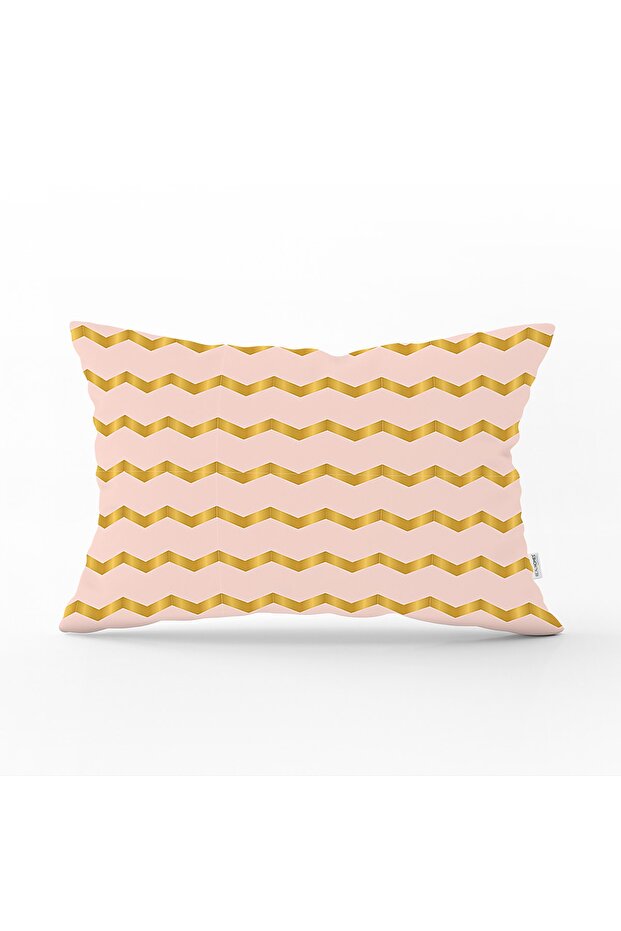 Gold Colored Zigzag Patterned Digital Printed Modern Rectangular Pillowcase on Powder Floor - 1