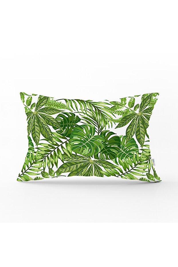 غطاء وسادة مستطيل بنمط أوراق خضراء على خلفية بيضاء - 1