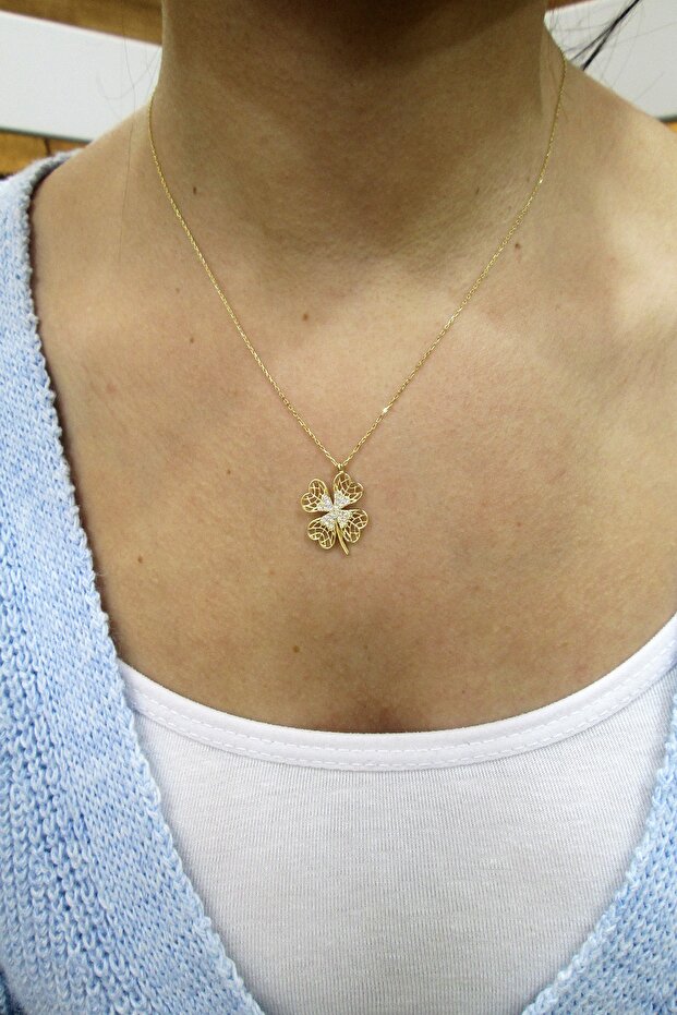 14 Ayar Altın Telkari Yonca Kolye - 2