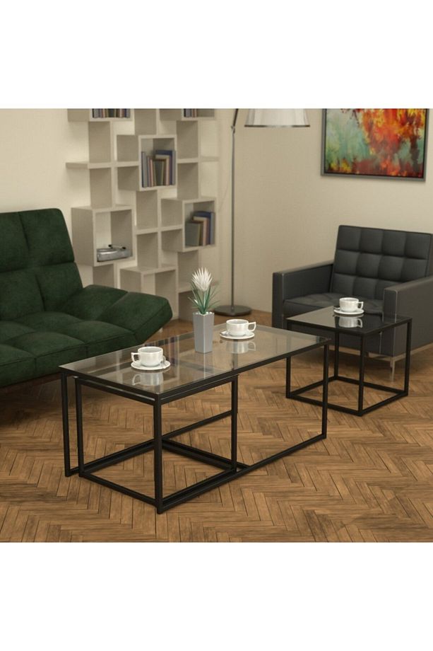 Twins İç İçe Geçmiş Sehpa Siyah Ayak Şeffaf Cam Tabla - 3