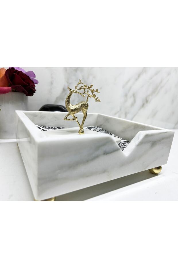 Doğal Mermer Peçetelik Gold Geyik Objeli - 6