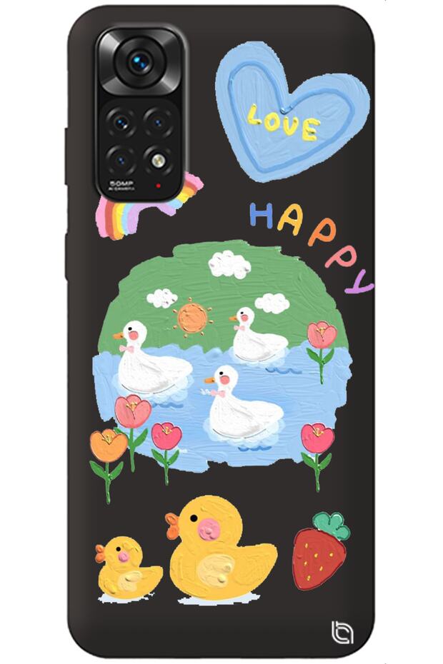 Xiaomi Redmi Note 11 Black Premium Velvet Inside Happy Duck Patterned Silicone Phone Case