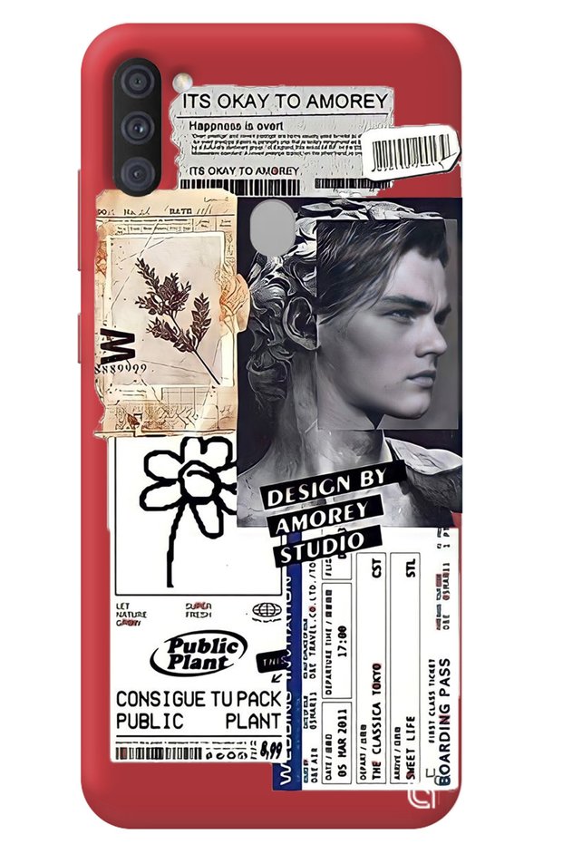 Samsung M11 Red Premium Velvet Inside Collage Patterned Silicone Phone Case