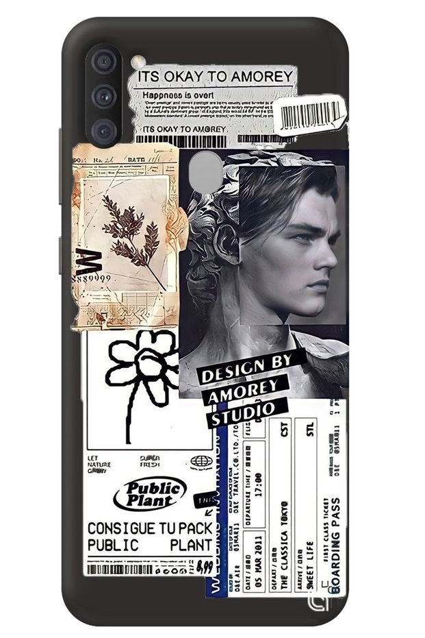Samsung A11 Black Premium Velvet Inside Collage Patterned Silicone Phone Case