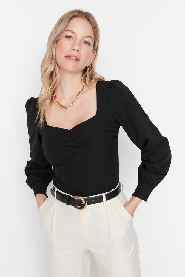 Czarna, szczegółowa tkana bluzka typu zebra TWOAW23BZ00633 - 4