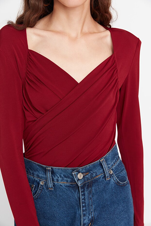 Bordo Vatkalı Drape Detaylı Fitted/Vücuda Oturan Esnek Çıtçıtlı Örme Body TWOAW22BD0156 - 5