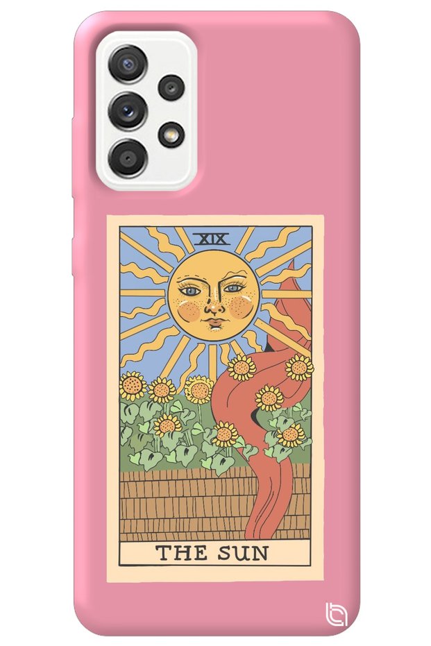 Samsung A73 Compatible Pink Premium Velvet Inside Tarot Sun Patterned Silicone Phone Case