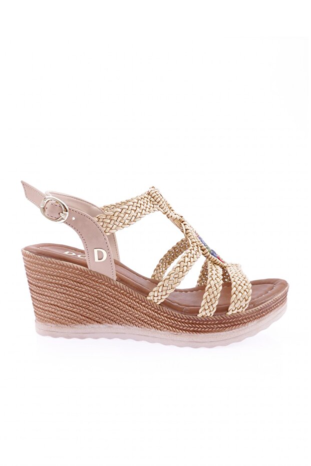 Women's Padded Sole T-strap Wicker Mesh Mesh Back Elastic Sandals Beige Linen 21212328