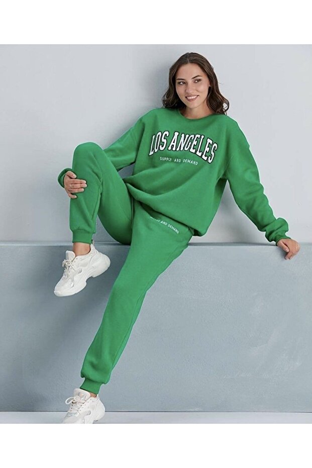 Plus Size Crew Neck Los Angeles Printed Winter Oversize Women's Tracksuit Set