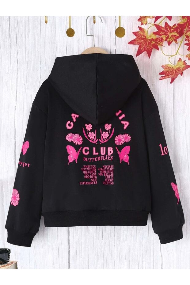 Hooded California And Butterfly Back Printed Girls Sweatshirt