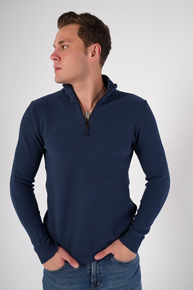 Indigo Men's Cotton Zippered Stand Collar Knit Sweater Trist-1191